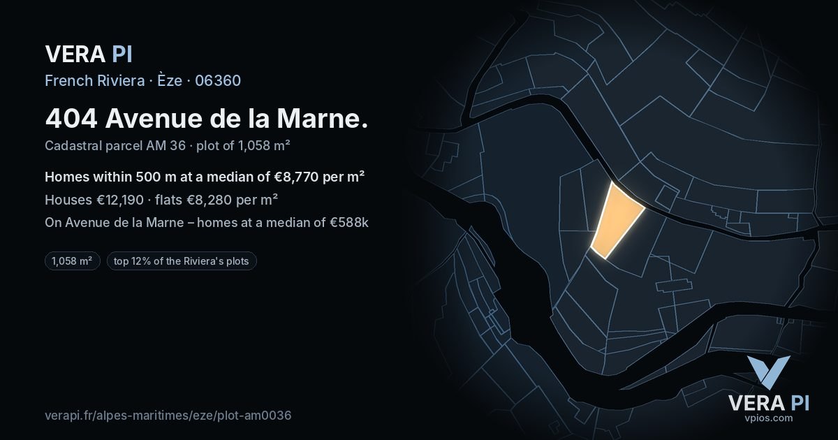 404 Avenue de la Marne, Èze at night – the plot lit, the parcels around coloured by the prices near them