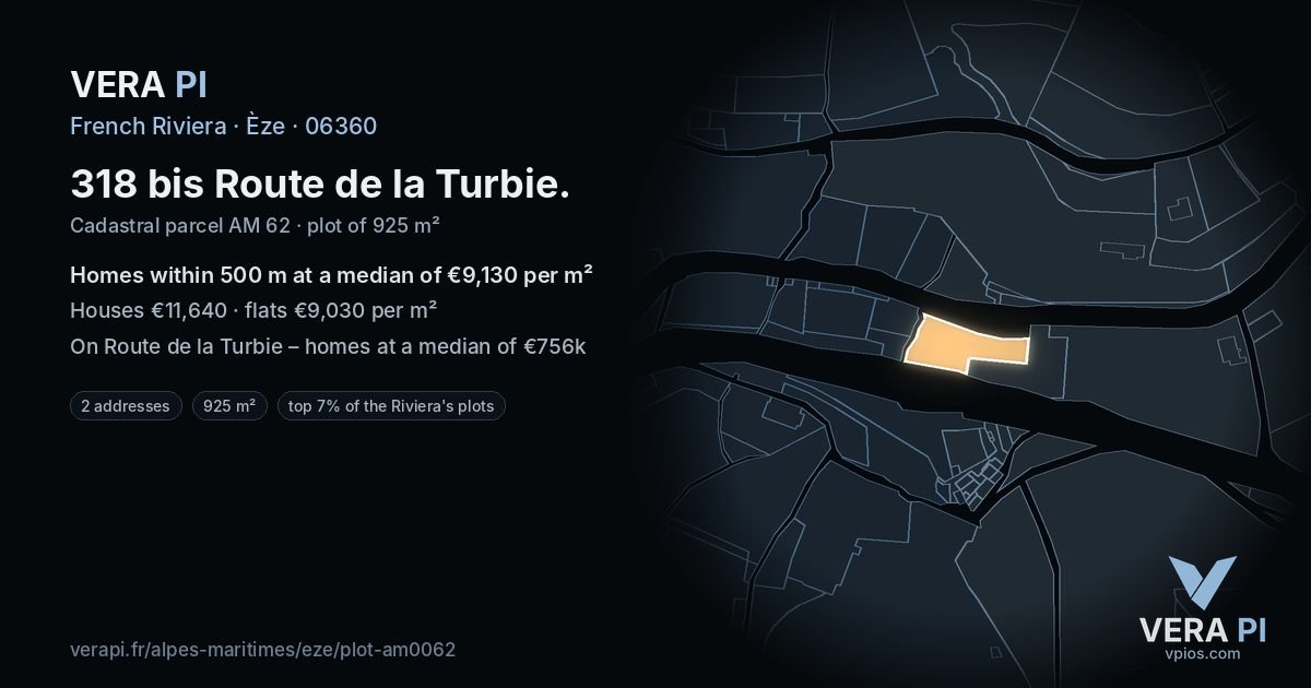 318 bis Route de la Turbie, Èze at night – the plot lit, the parcels around coloured by the prices near them