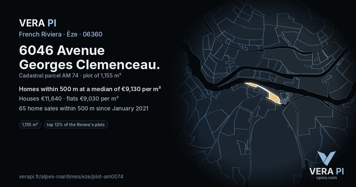 6046 Avenue Georges Clemenceau, Èze at night – the plot lit, the parcels around coloured by the prices near them