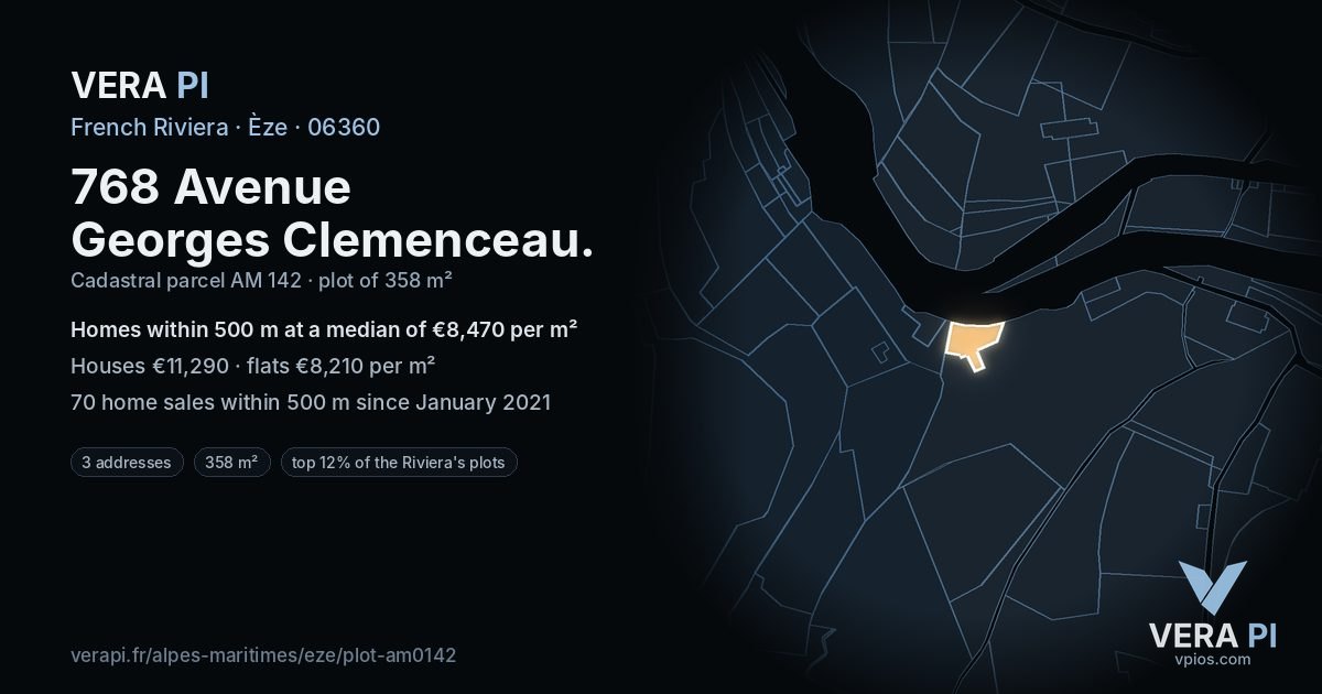768 Avenue Georges Clemenceau, Èze at night – the plot lit, the parcels around coloured by the prices near them