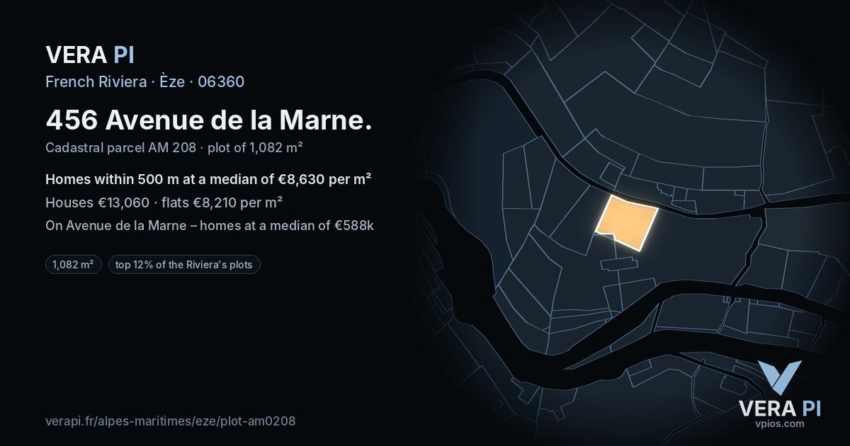 456 Avenue de la Marne, Èze at night – the plot lit, the parcels around coloured by the prices near them