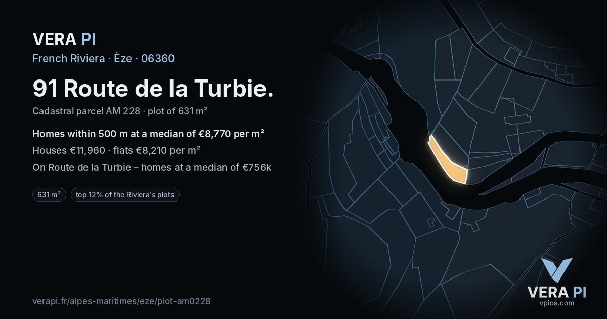 91 Route de la Turbie, Èze at night – the plot lit, the parcels around coloured by the prices near them