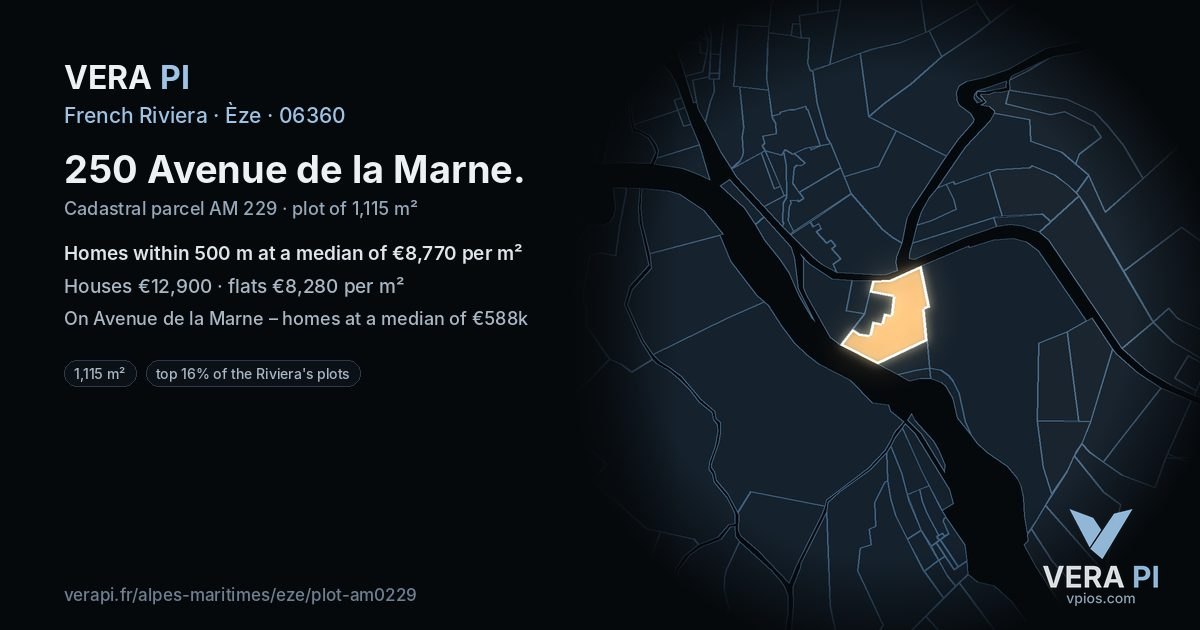 250 Avenue de la Marne, Èze at night – the plot lit, the parcels around coloured by the prices near them