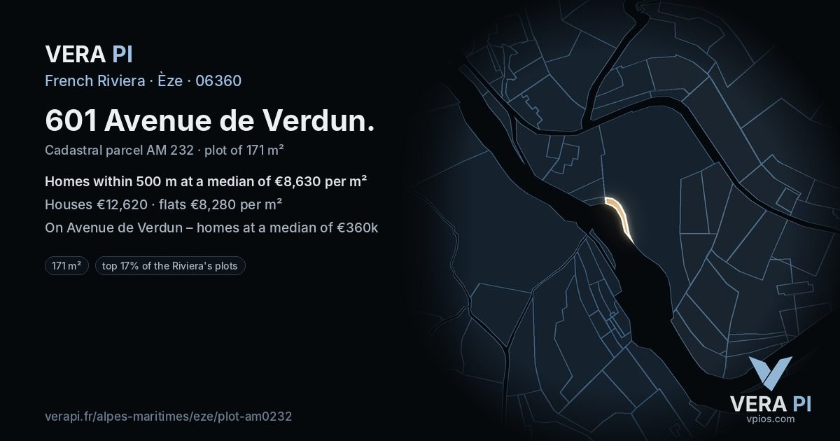 601 Avenue de Verdun, Èze at night – the plot lit, the parcels around coloured by the prices near them