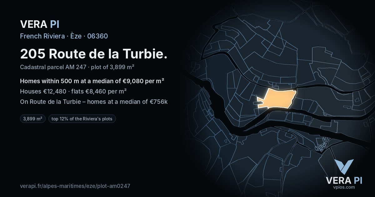 205 Route de la Turbie, Èze at night – the plot lit, the parcels around coloured by the prices near them