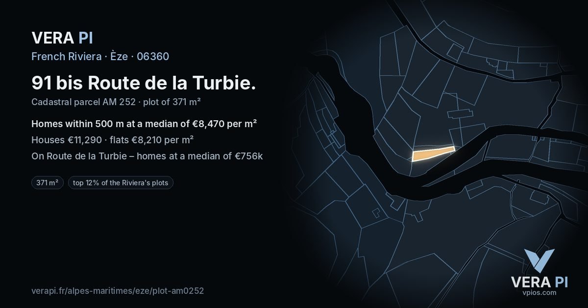 91 bis Route de la Turbie, Èze at night – the plot lit, the parcels around coloured by the prices near them