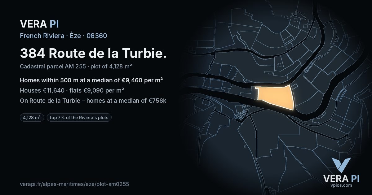 384 Route de la Turbie, Èze at night – the plot lit, the parcels around coloured by the prices near them