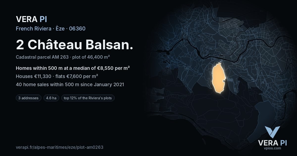 2 Château Balsan, Èze at night – the plot lit, the parcels around coloured by the prices near them