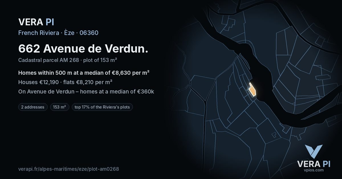 662 Avenue de Verdun, Èze at night – the plot lit, the parcels around coloured by the prices near them