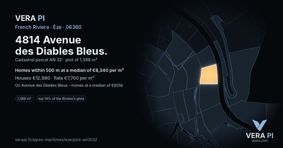 4814 Avenue des Diables Bleus, Èze at night – the plot lit, the parcels around coloured by the prices near them