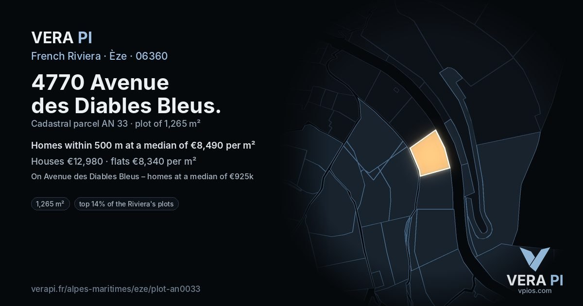 4770 Avenue des Diables Bleus, Èze at night – the plot lit, the parcels around coloured by the prices near them