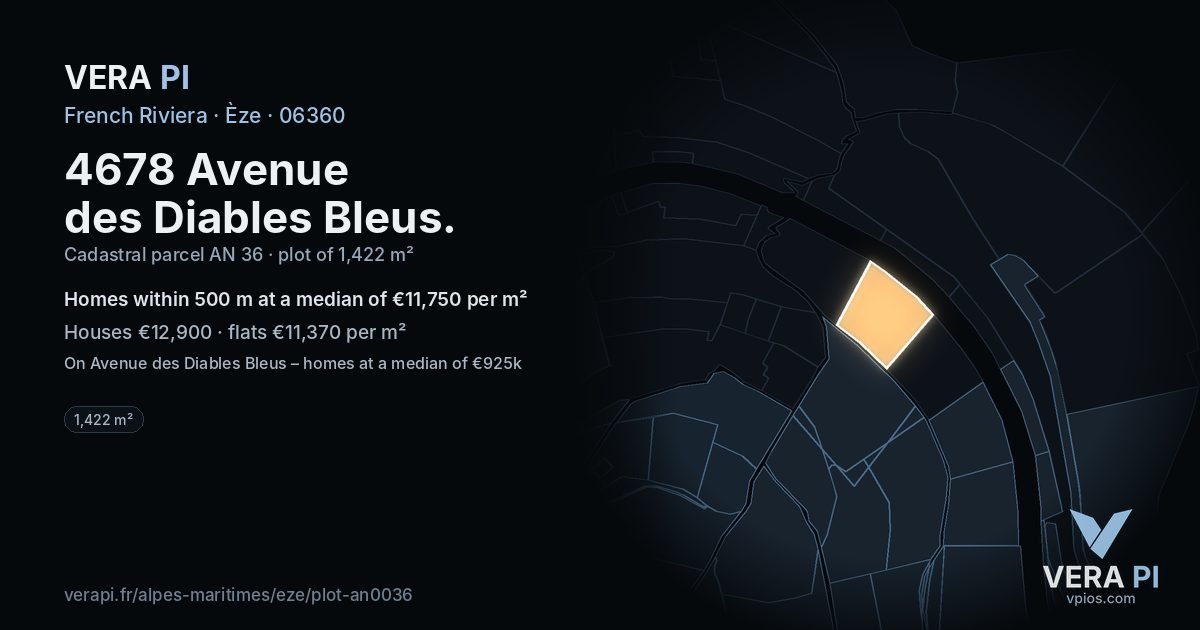 4678 Avenue des Diables Bleus, Èze at night – the plot lit, the parcels around coloured by the prices near them