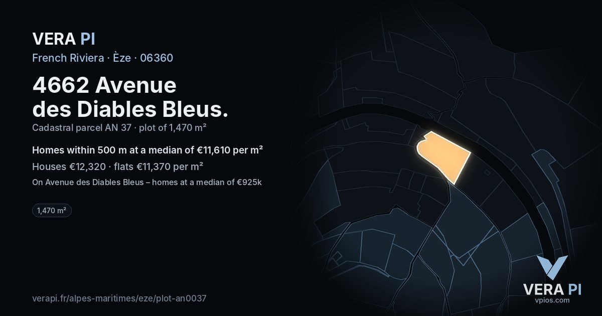 4662 Avenue des Diables Bleus, Èze at night – the plot lit, the parcels around coloured by the prices near them