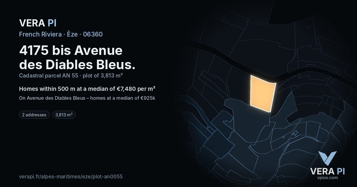 4175 bis Avenue des Diables Bleus, Èze at night – the plot lit, the parcels around coloured by the prices near them