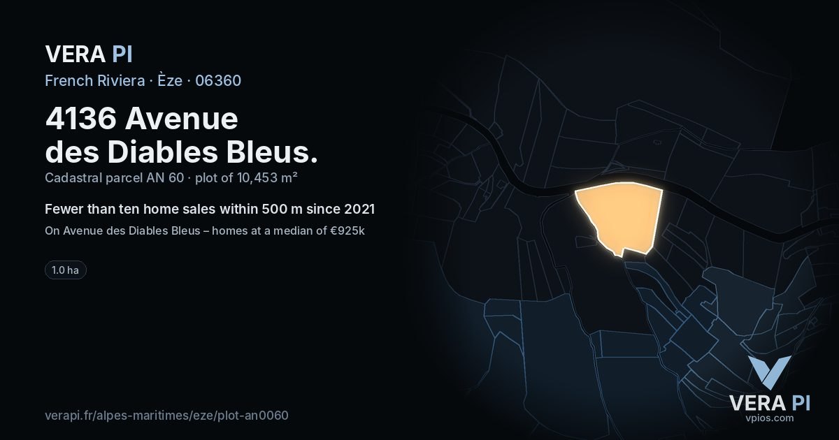 4136 Avenue des Diables Bleus, Èze at night – the plot lit, the parcels around coloured by the prices near them