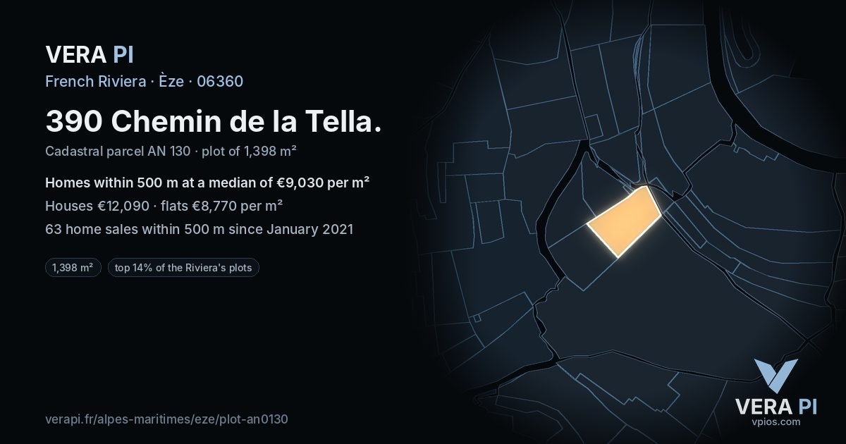 390 Chemin de la Tella, Èze at night – the plot lit, the parcels around coloured by the prices near them