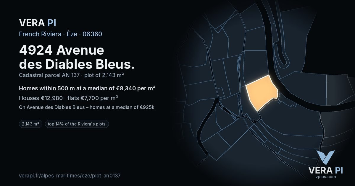 4924 Avenue des Diables Bleus, Èze at night – the plot lit, the parcels around coloured by the prices near them