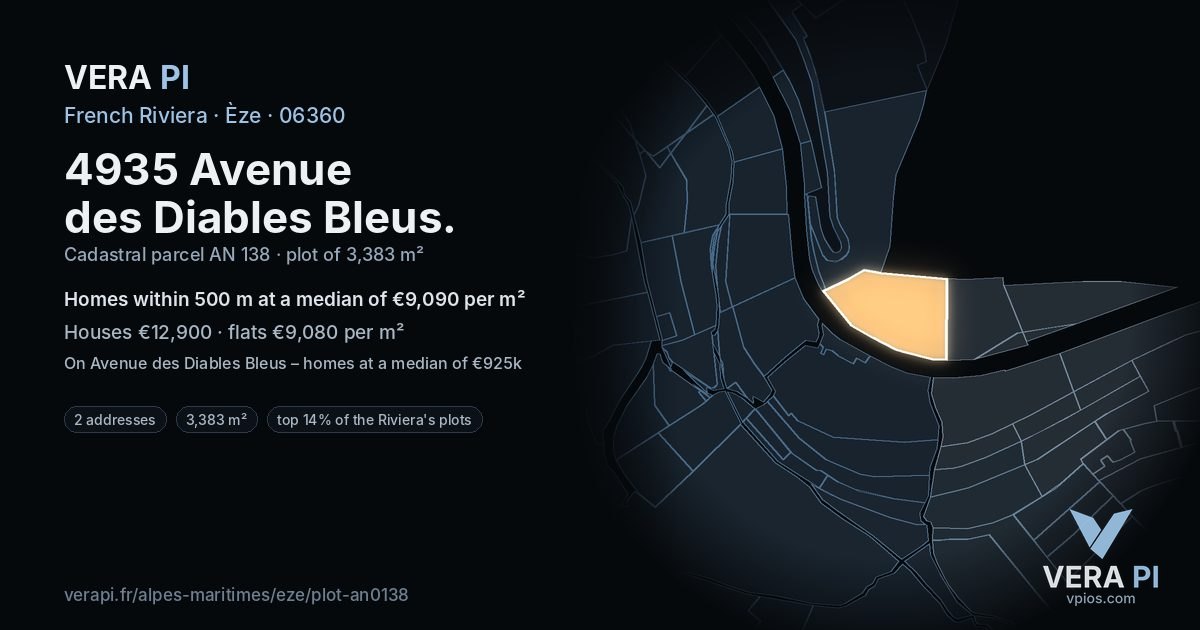 4935 Avenue des Diables Bleus, Èze at night – the plot lit, the parcels around coloured by the prices near them