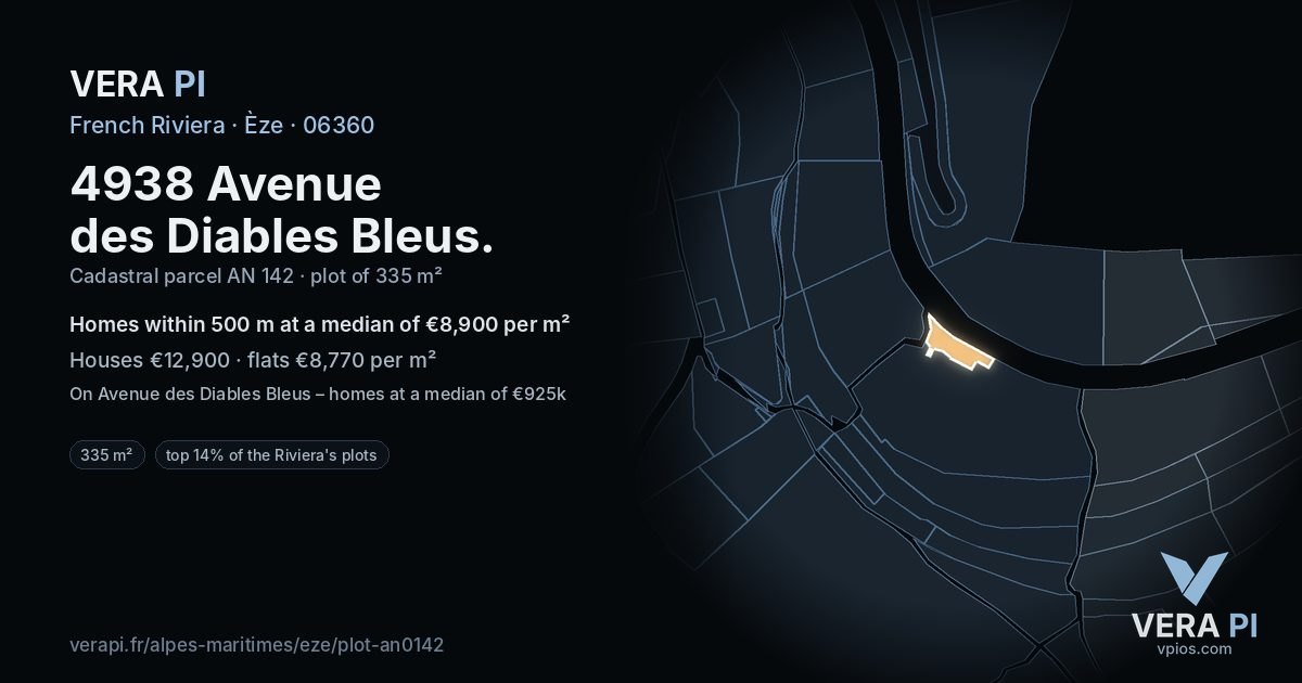 4938 Avenue des Diables Bleus, Èze at night – the plot lit, the parcels around coloured by the prices near them