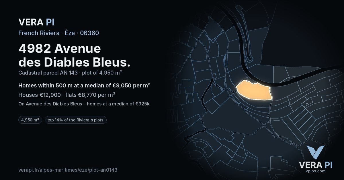 4982 Avenue des Diables Bleus, Èze at night – the plot lit, the parcels around coloured by the prices near them