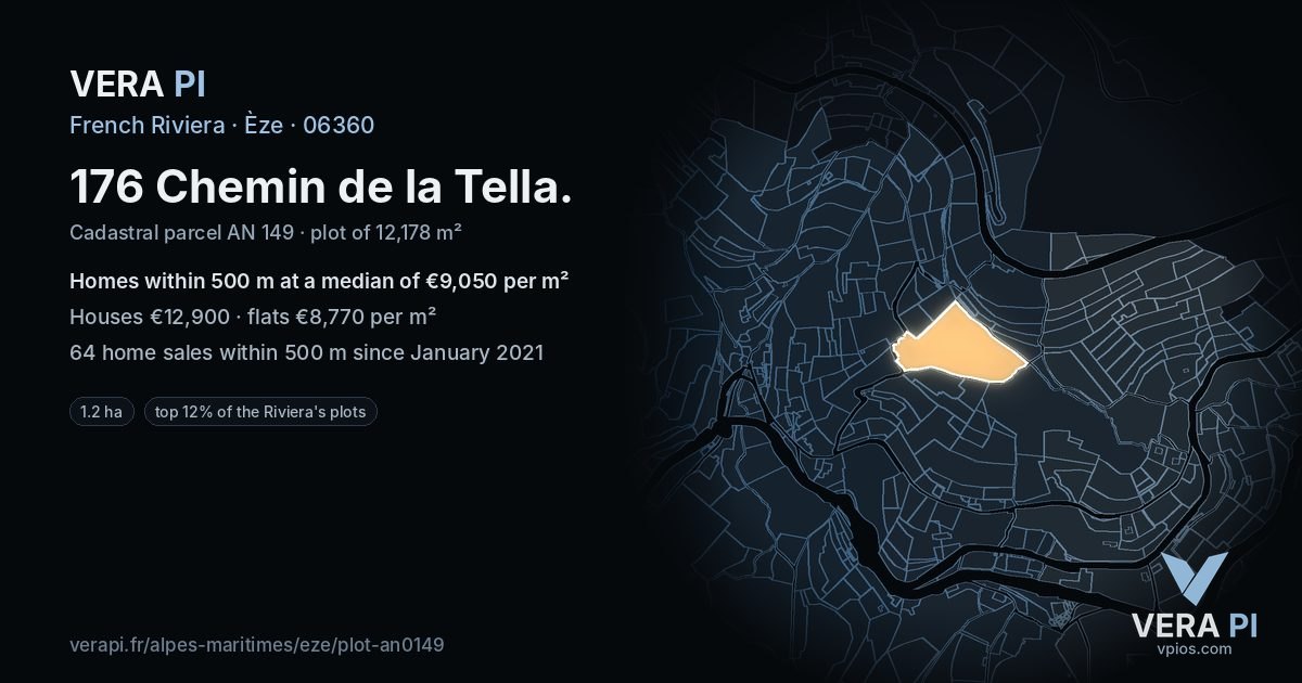 176 Chemin de la Tella, Èze at night – the plot lit, the parcels around coloured by the prices near them
