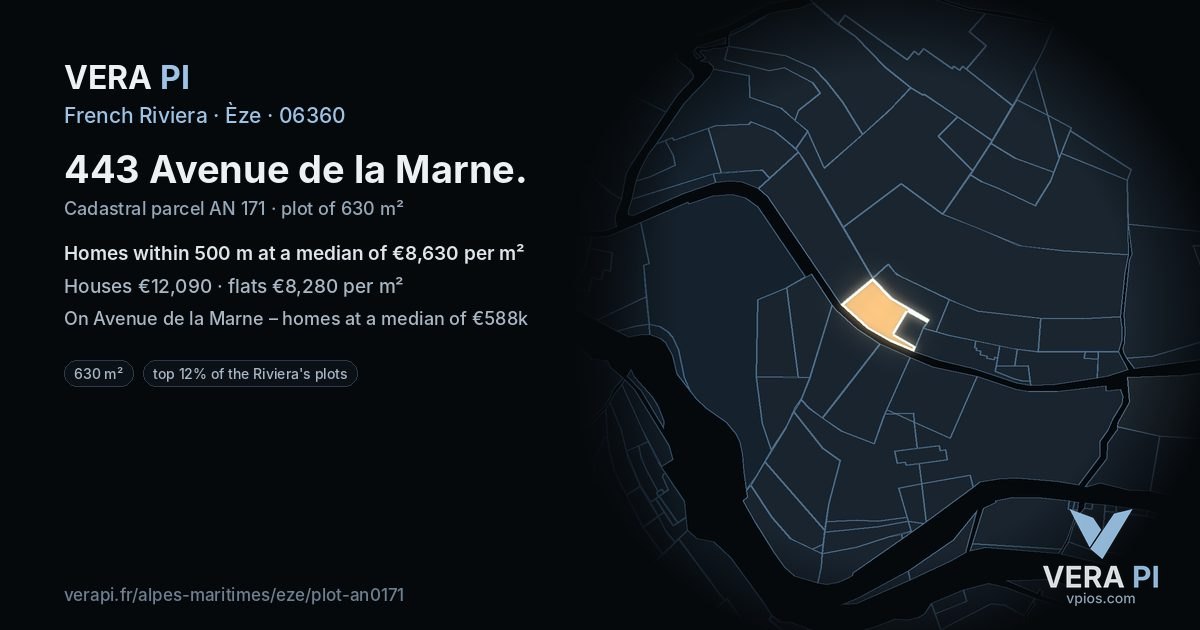 443 Avenue de la Marne, Èze at night – the plot lit, the parcels around coloured by the prices near them