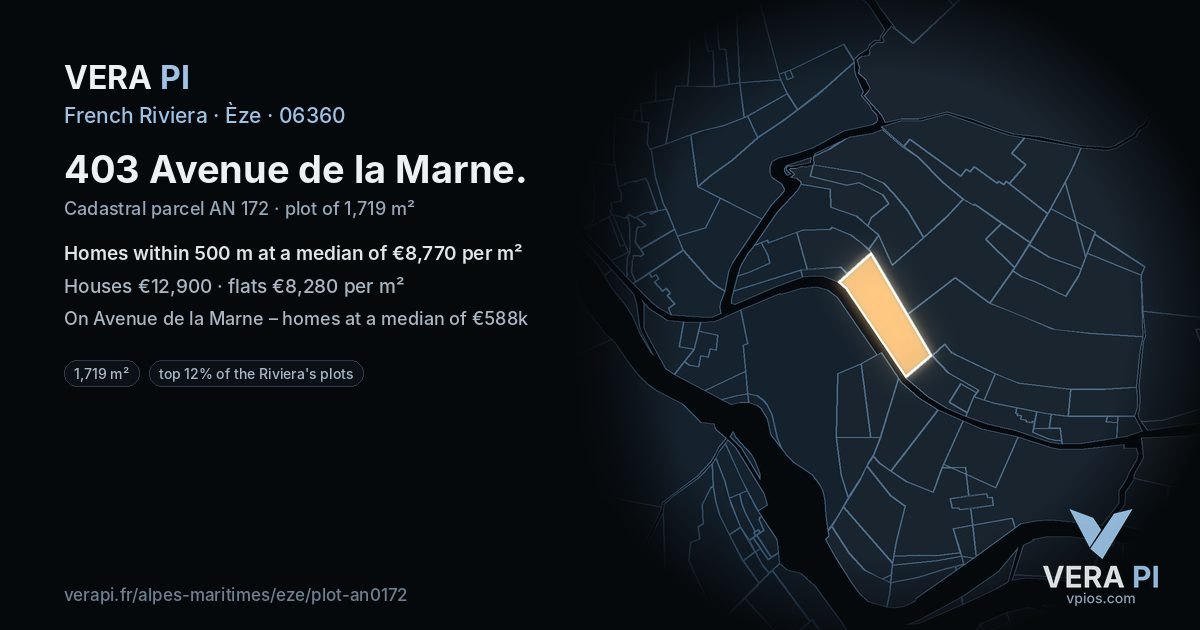 403 Avenue de la Marne, Èze at night – the plot lit, the parcels around coloured by the prices near them