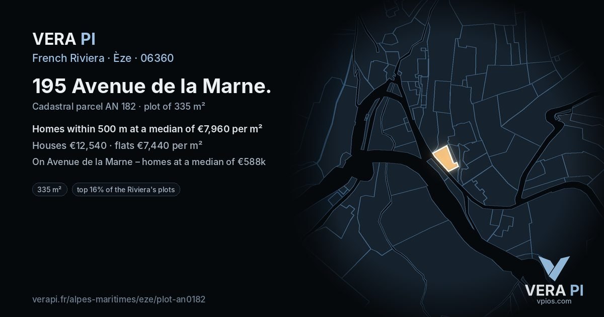 195 Avenue de la Marne, Èze at night – the plot lit, the parcels around coloured by the prices near them