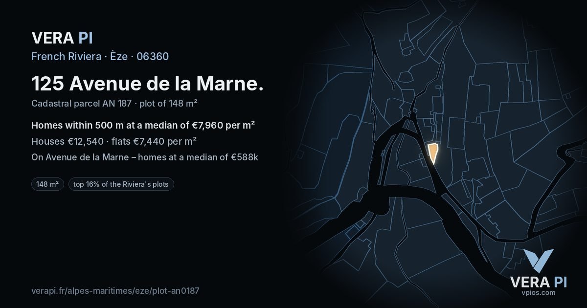 125 Avenue de la Marne, Èze at night – the plot lit, the parcels around coloured by the prices near them