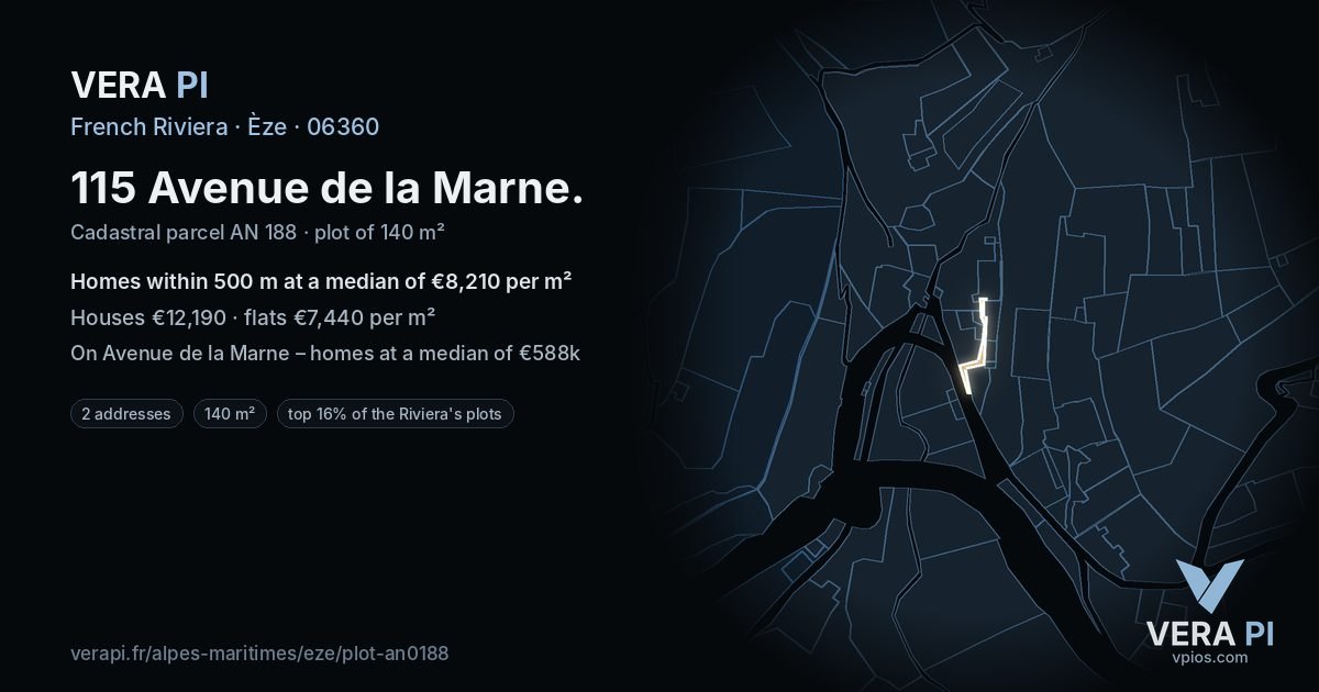 115 Avenue de la Marne, Èze at night – the plot lit, the parcels around coloured by the prices near them