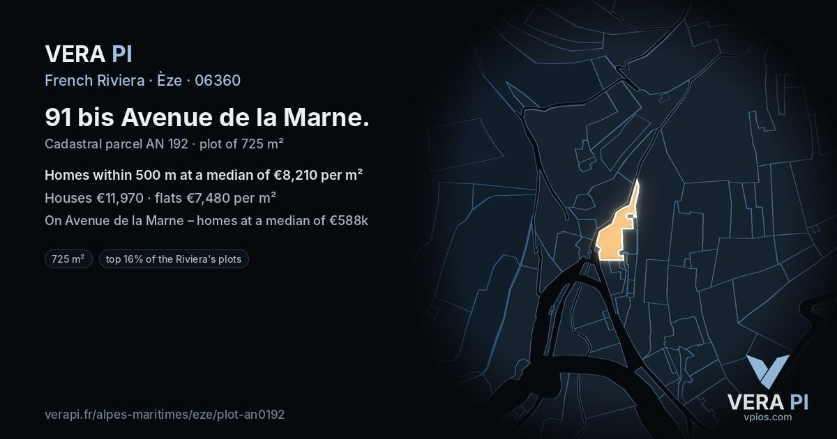 91 bis Avenue de la Marne, Èze at night – the plot lit, the parcels around coloured by the prices near them