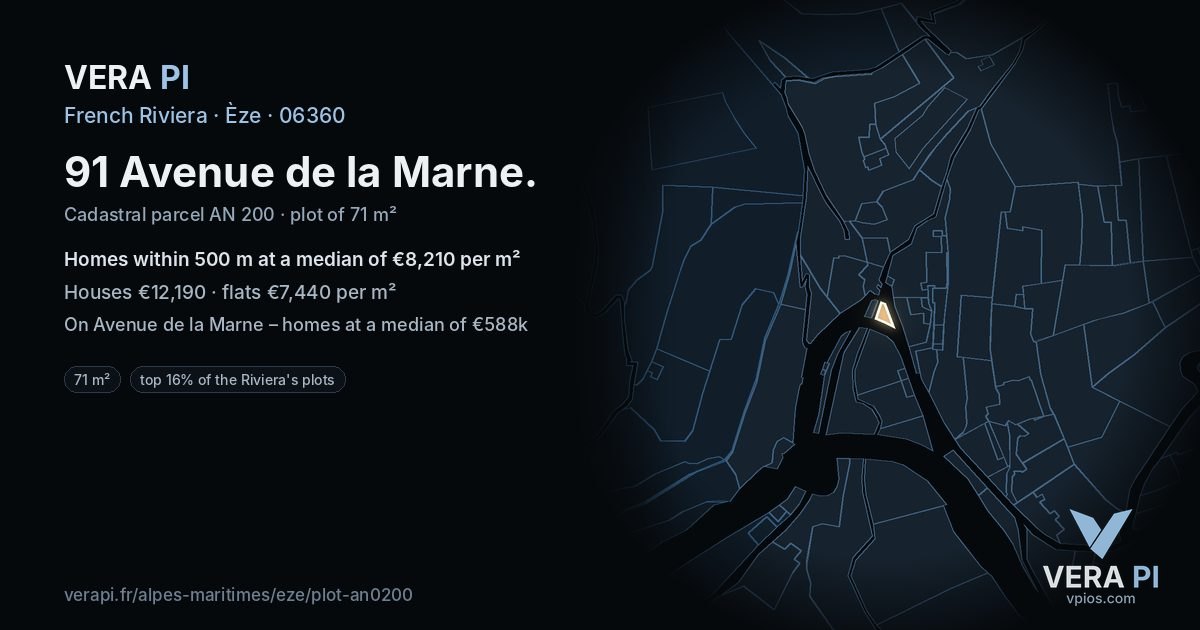 91 Avenue de la Marne, Èze at night – the plot lit, the parcels around coloured by the prices near them