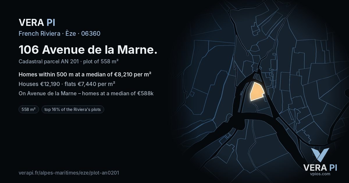 106 Avenue de la Marne, Èze at night – the plot lit, the parcels around coloured by the prices near them