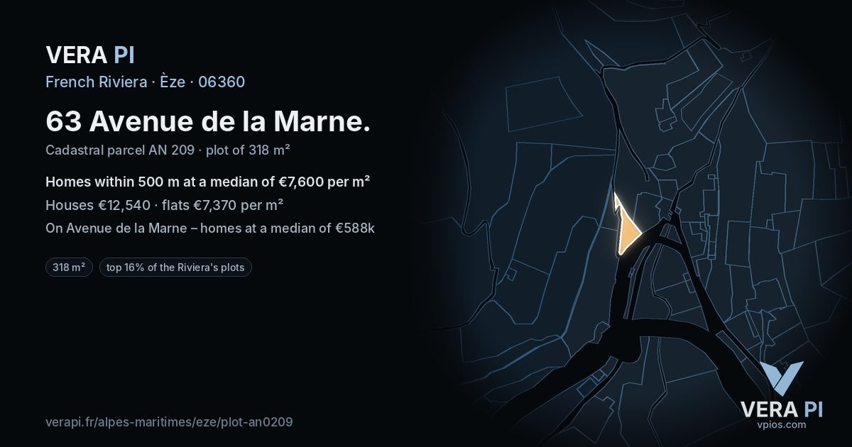 63 Avenue de la Marne, Èze at night – the plot lit, the parcels around coloured by the prices near them