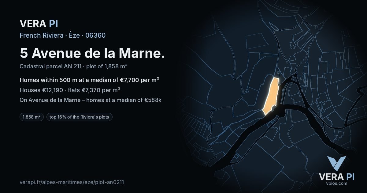 5 Avenue de la Marne, Èze at night – the plot lit, the parcels around coloured by the prices near them