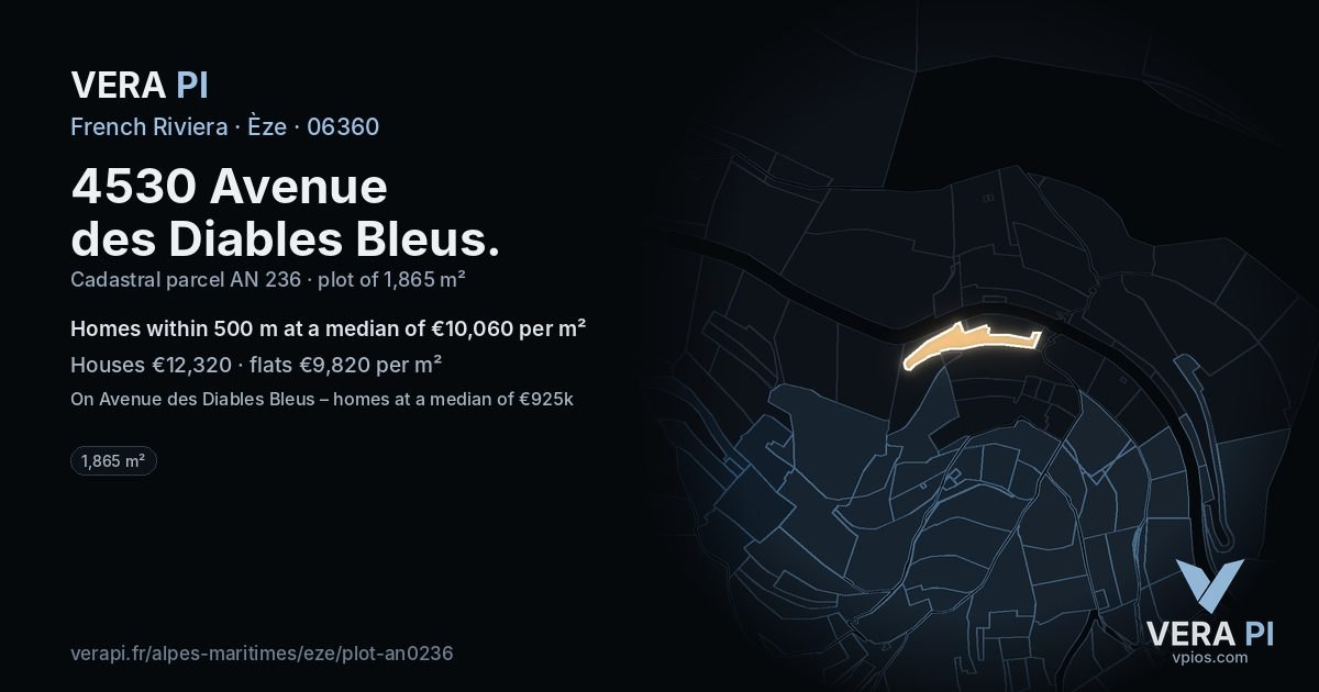 4530 Avenue des Diables Bleus, Èze at night – the plot lit, the parcels around coloured by the prices near them