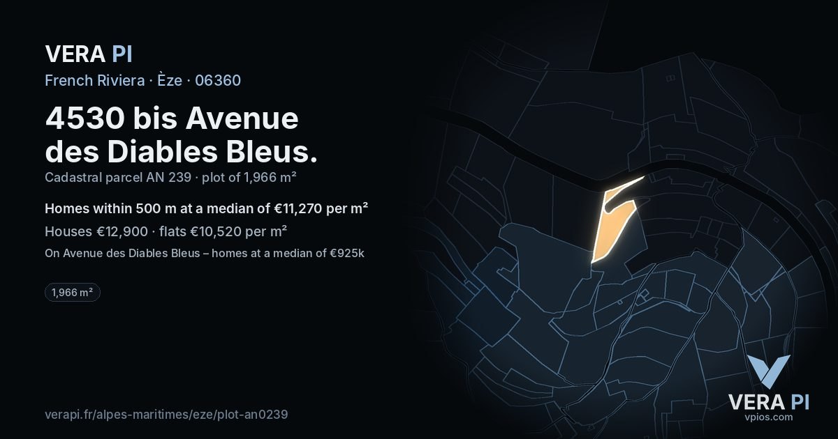 4530 bis Avenue des Diables Bleus, Èze at night – the plot lit, the parcels around coloured by the prices near them