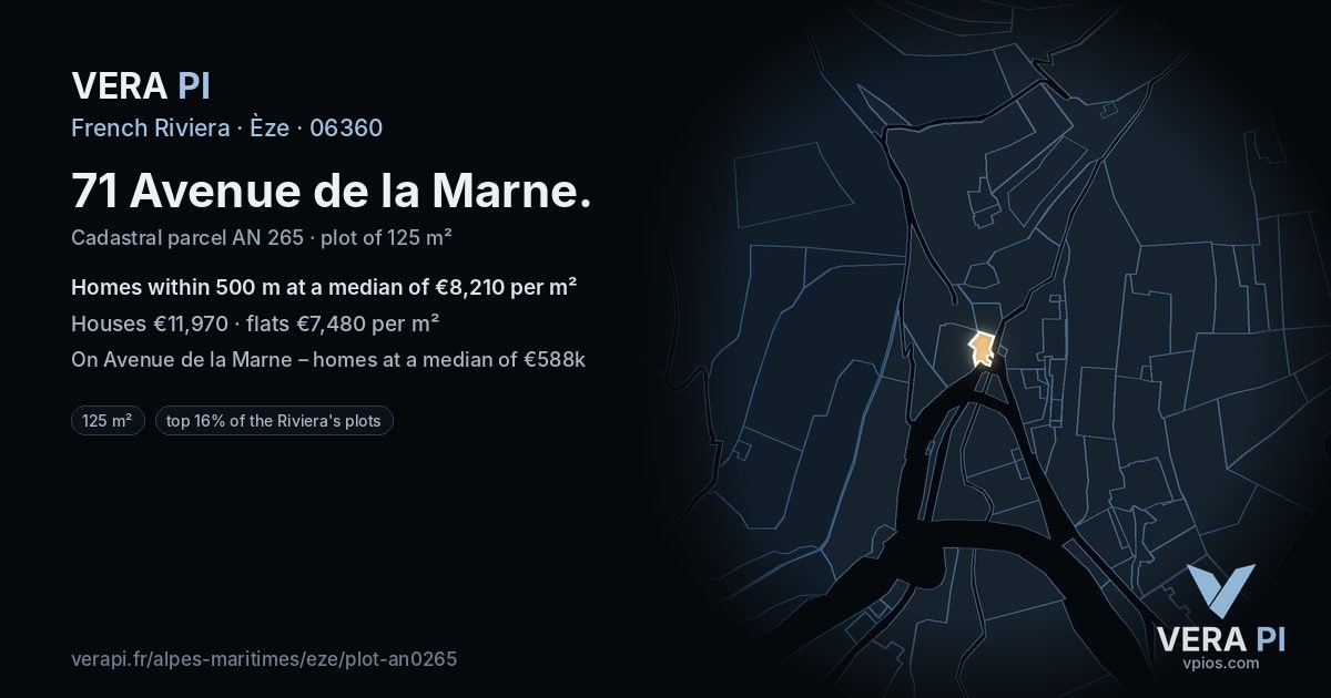 71 Avenue de la Marne, Èze at night – the plot lit, the parcels around coloured by the prices near them