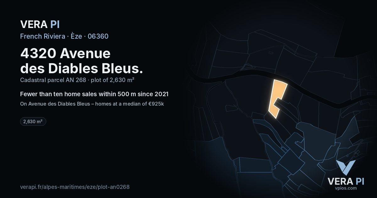 4320 Avenue des Diables Bleus, Èze at night – the plot lit, the parcels around coloured by the prices near them