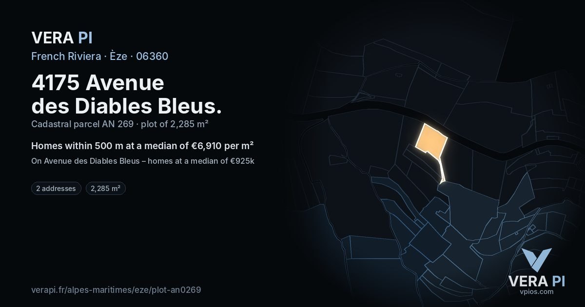 4175 Avenue des Diables Bleus, Èze at night – the plot lit, the parcels around coloured by the prices near them