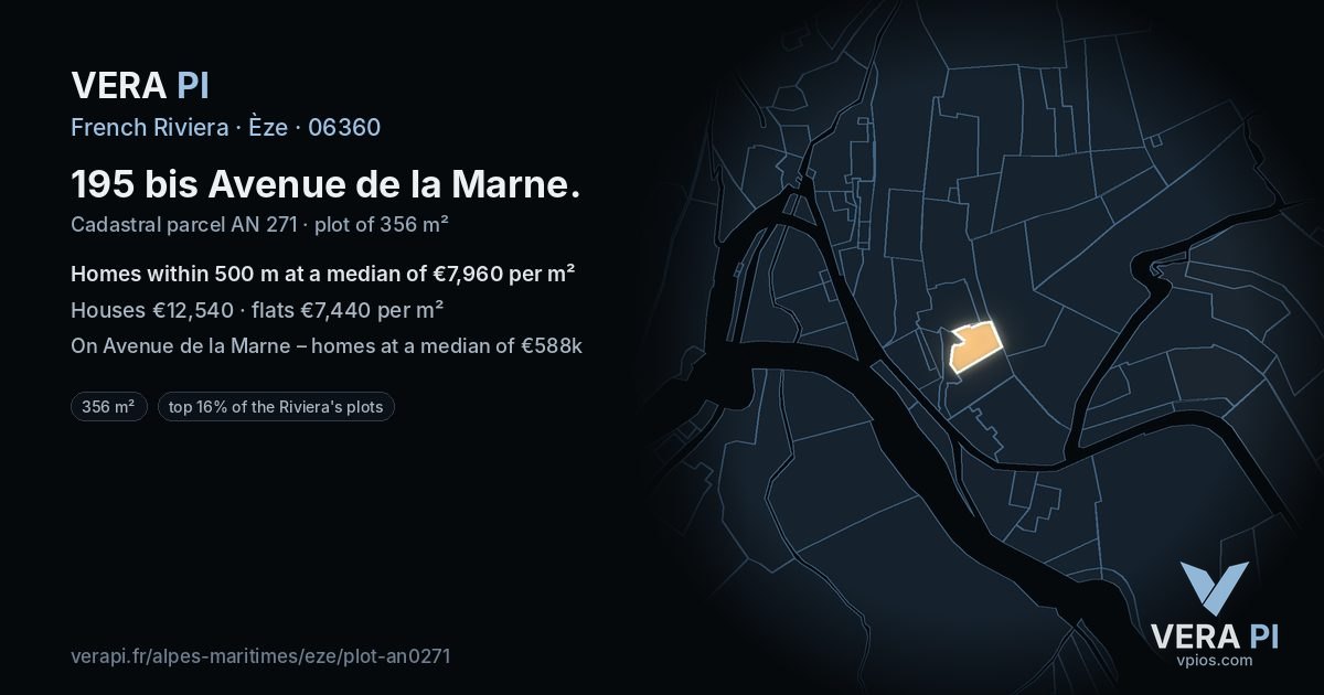 195 bis Avenue de la Marne, Èze at night – the plot lit, the parcels around coloured by the prices near them