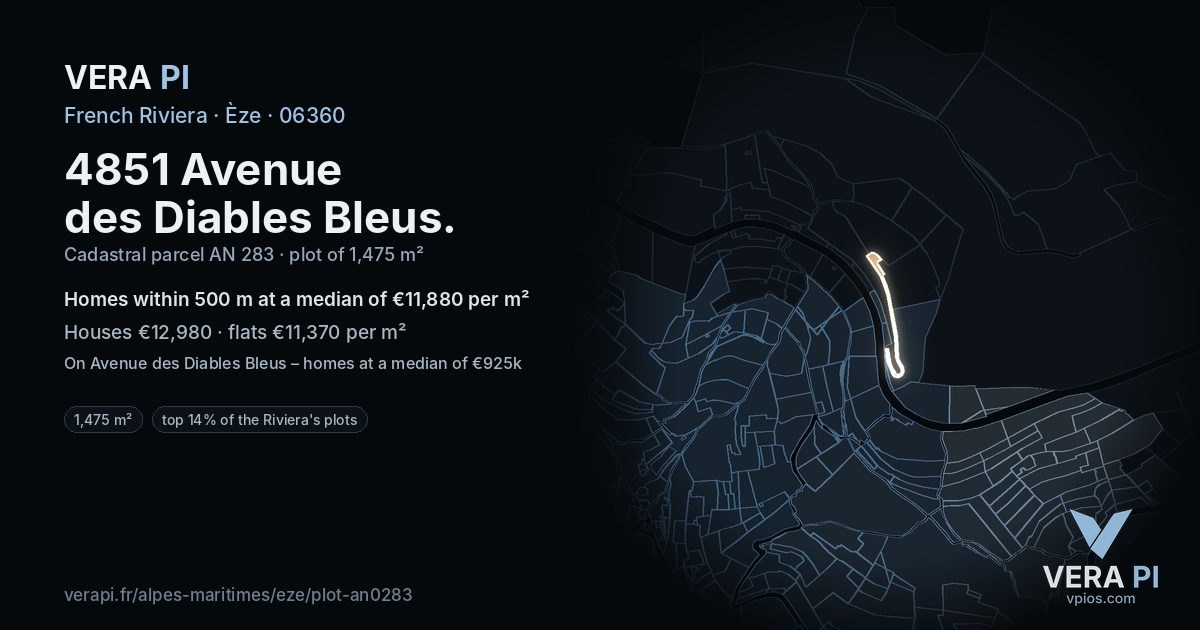 4851 Avenue des Diables Bleus, Èze at night – the plot lit, the parcels around coloured by the prices near them