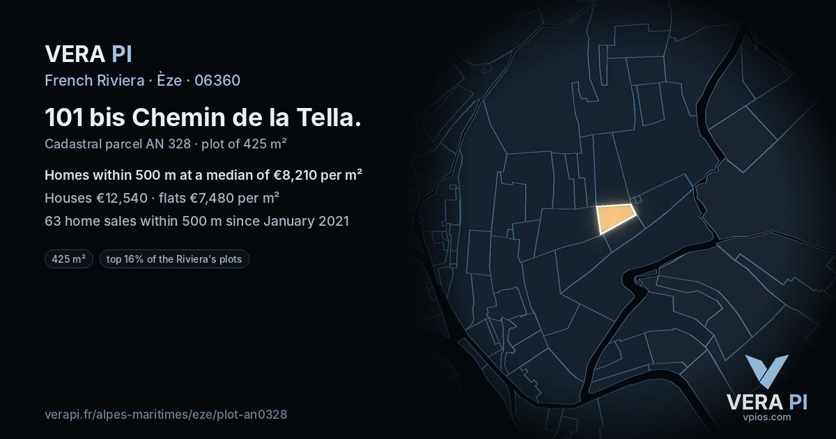 101 bis Chemin de la Tella, Èze at night – the plot lit, the parcels around coloured by the prices near them