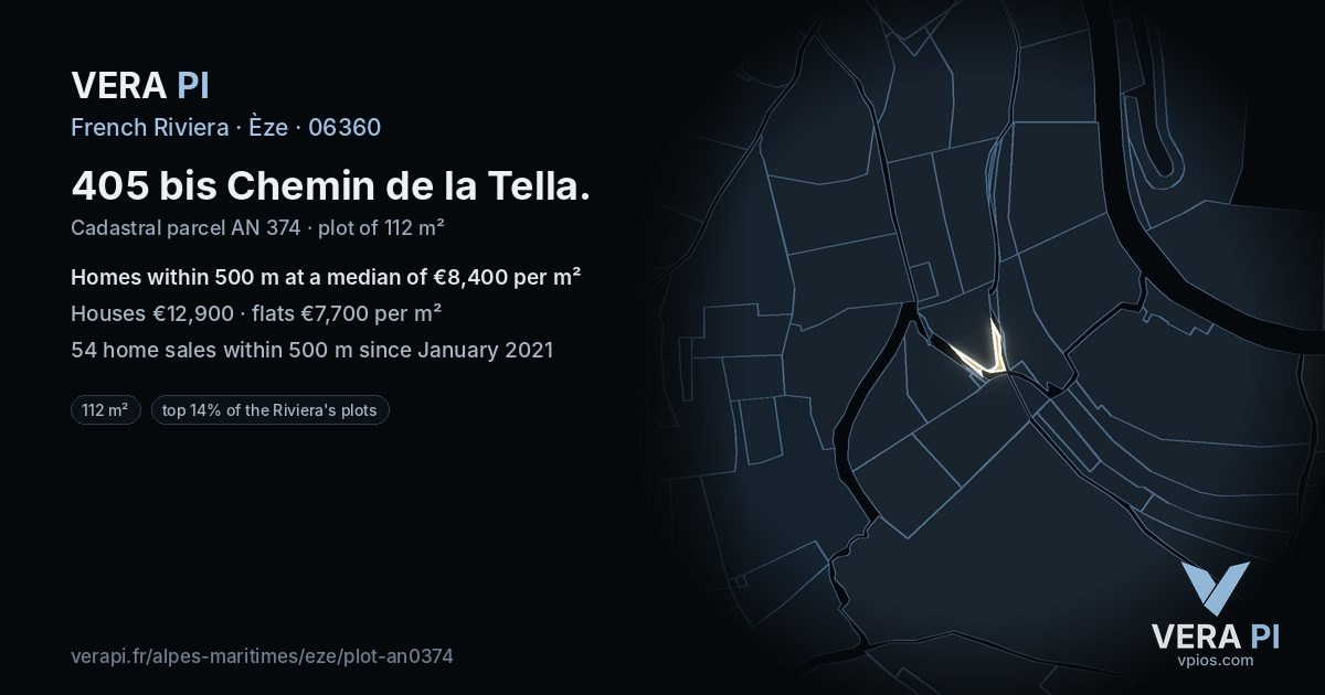 405 bis Chemin de la Tella, Èze at night – the plot lit, the parcels around coloured by the prices near them