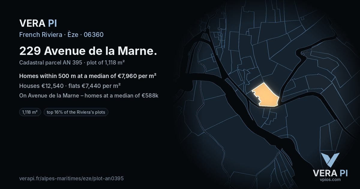 229 Avenue de la Marne, Èze at night – the plot lit, the parcels around coloured by the prices near them