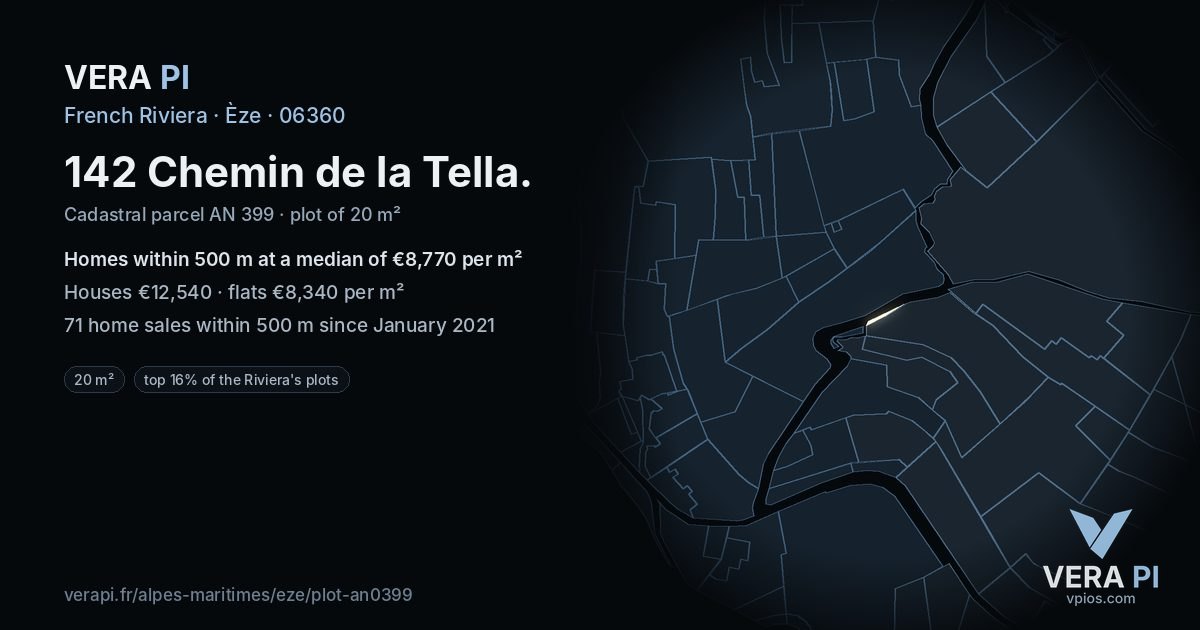 142 Chemin de la Tella, Èze at night – the plot lit, the parcels around coloured by the prices near them