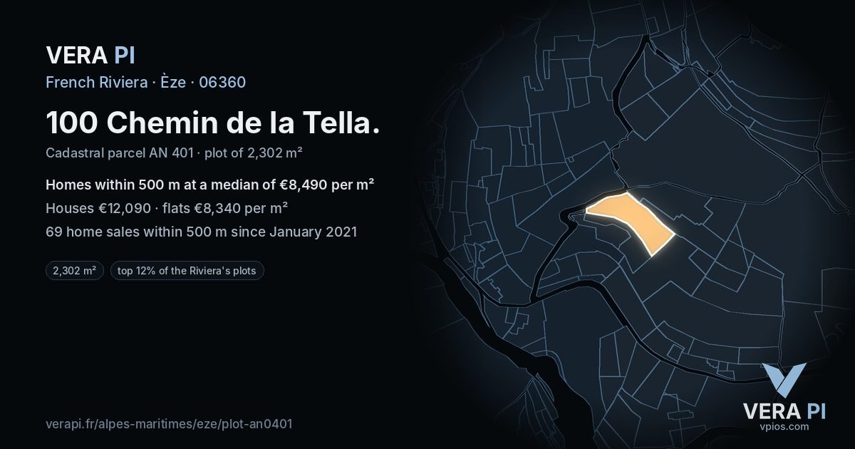 100 Chemin de la Tella, Èze at night – the plot lit, the parcels around coloured by the prices near them
