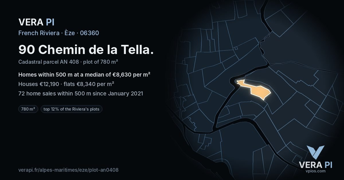 90 Chemin de la Tella, Èze at night – the plot lit, the parcels around coloured by the prices near them