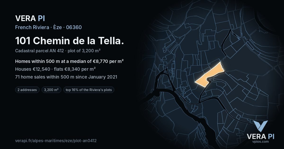 101 Chemin de la Tella, Èze at night – the plot lit, the parcels around coloured by the prices near them