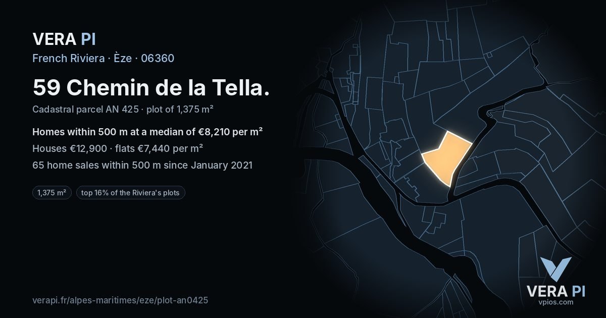 59 Chemin de la Tella, Èze at night – the plot lit, the parcels around coloured by the prices near them